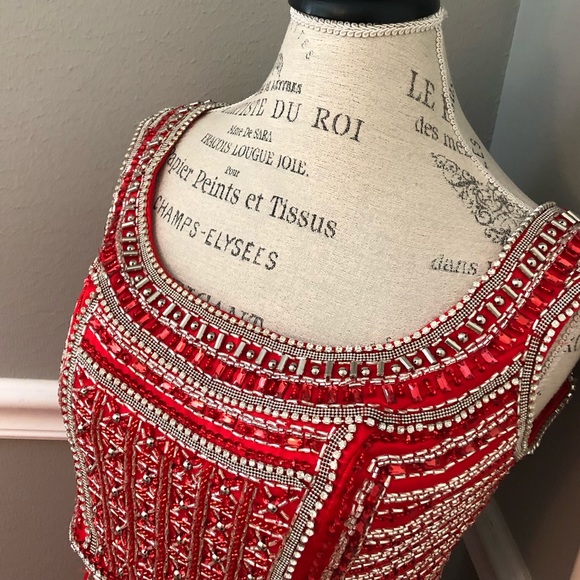 NEW RACHEL ALLEN SZ 4 TWO PIECE RED SILVER BEADED FORMAL EVENING GOWN - Picture 5 of 11